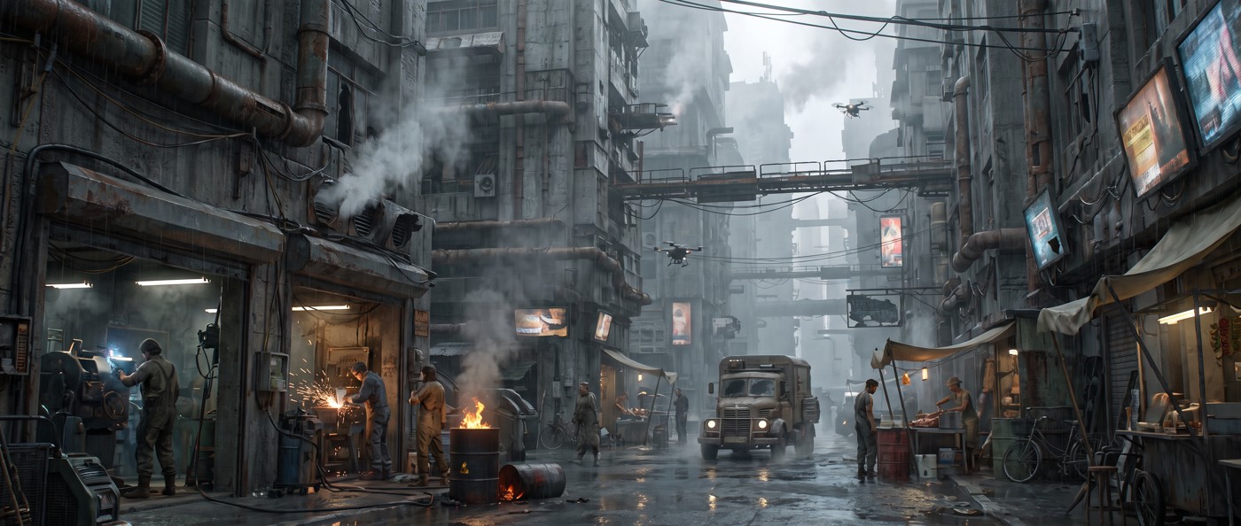 THE VERTICAL CITY: Street life beneath layers of industrial architecture.