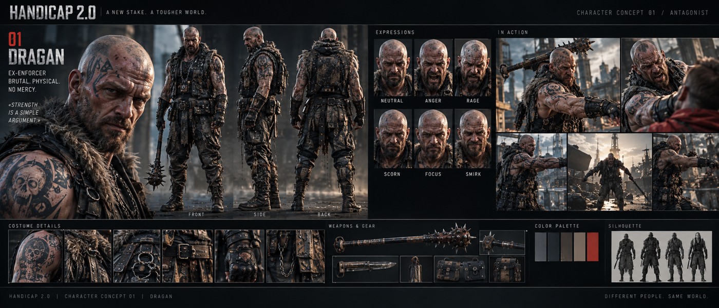 DRAGAN: A tattooed fighter. Scarred leather, heavy chains and a brutal mace.