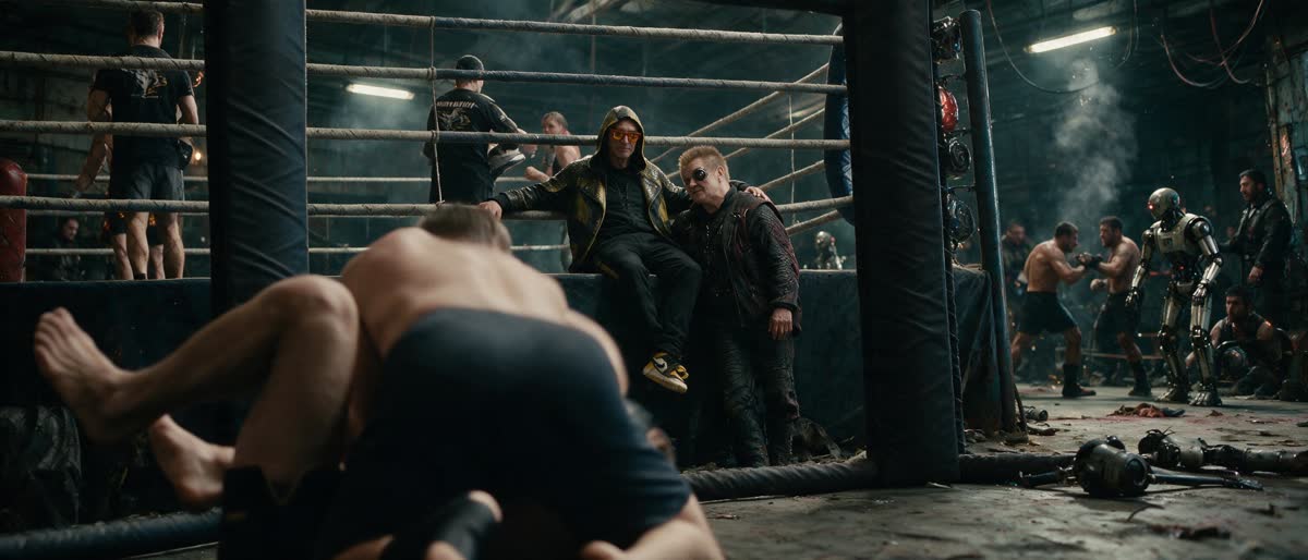 A crowd gathers around a fight inside an industrial hall