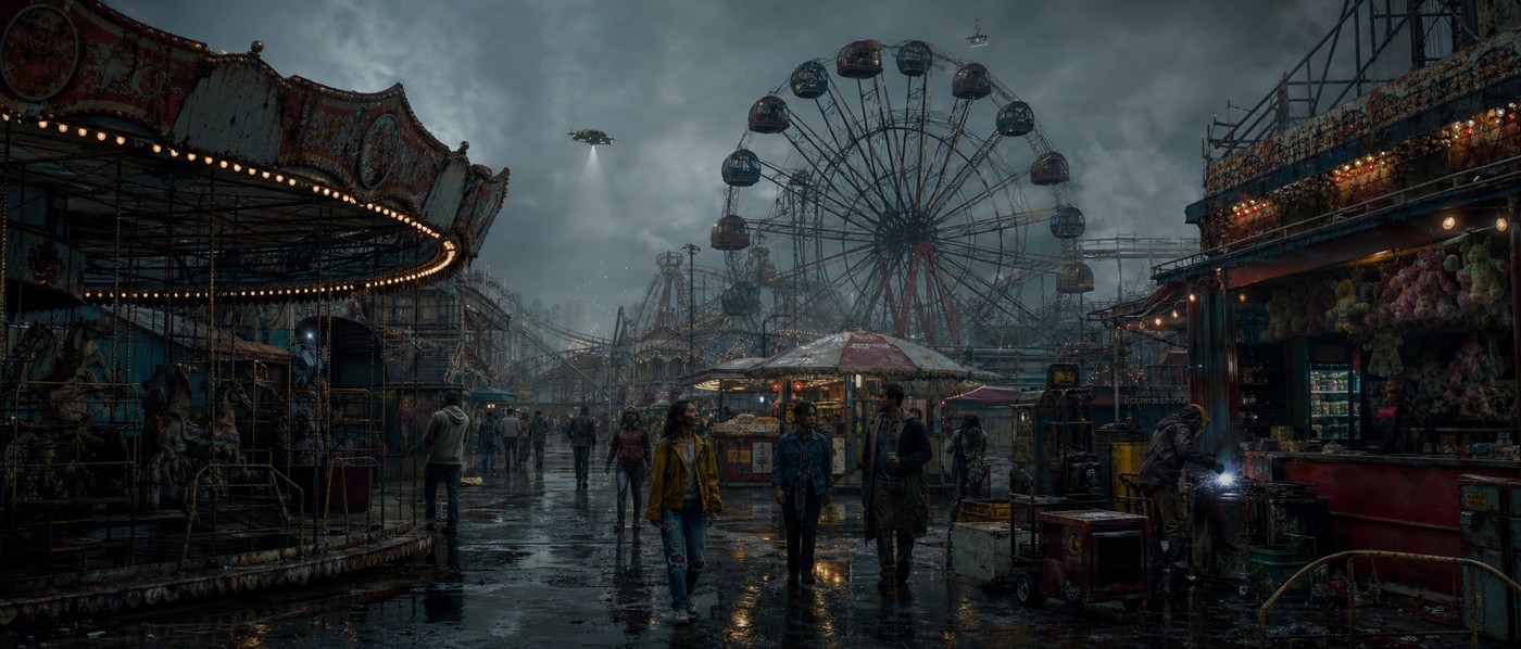 THE AMUSEMENT PARK: Rides, market stalls and the sea beyond.
