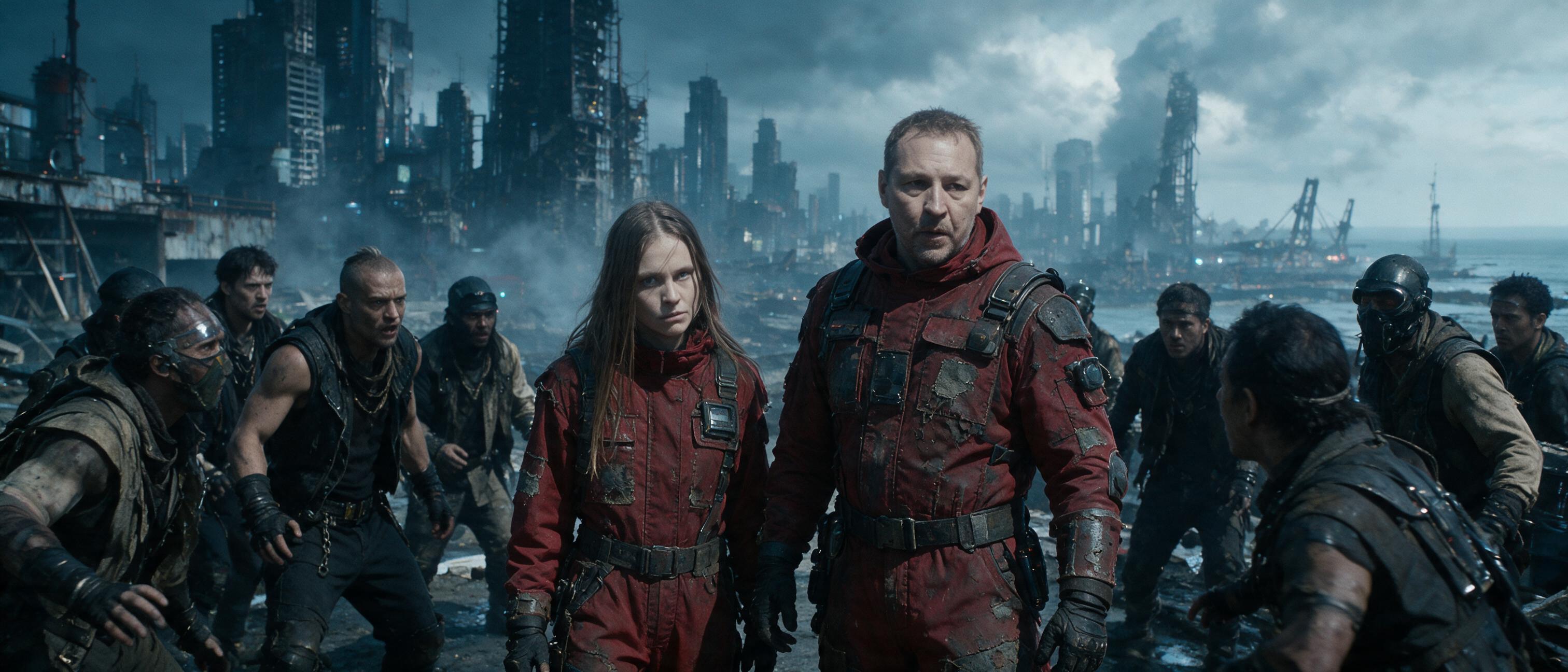 The male and female protagonists in red, surrounded by an industrial waterfront crowd